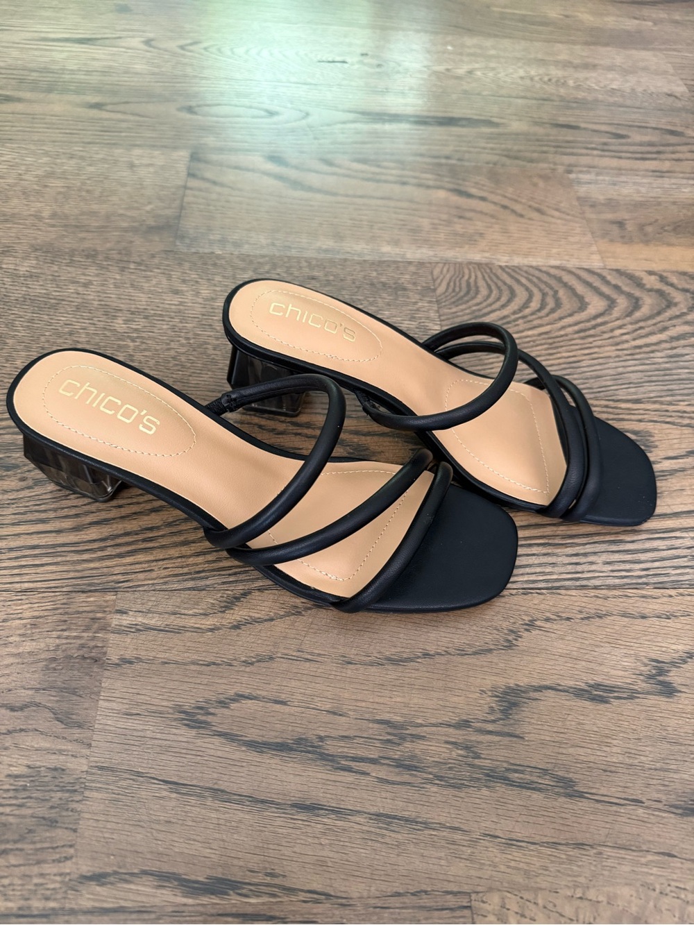 NWOT Chico's Black Strappy Low Block Clear Heel Sandals, size 8.5. Sold for $148